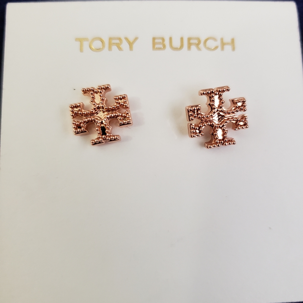 Tory Burch Milgrain Stud Logo Earrings, Rose Gold